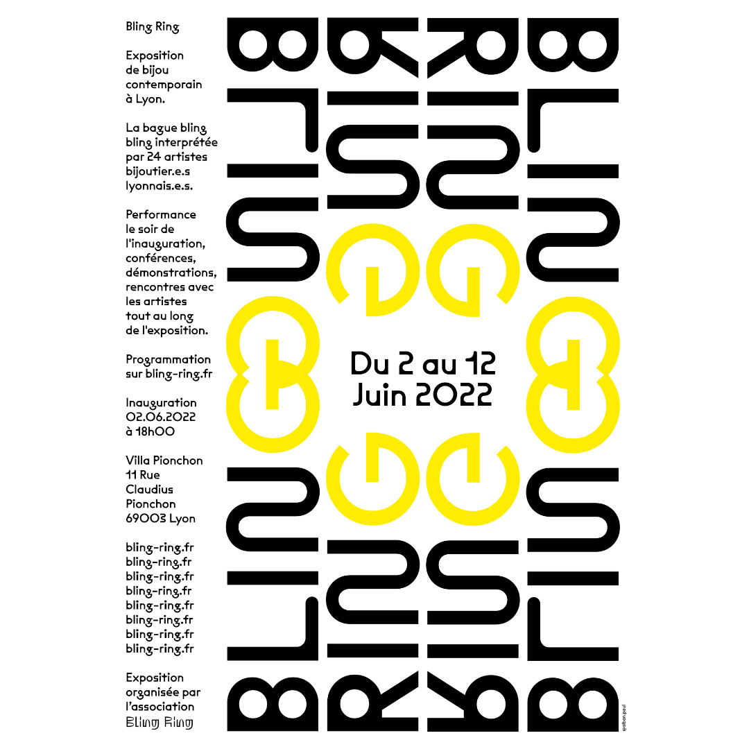 Affiche de l'exposition Bling Ring dédiée aux bijoux contemporains à laquelle la créatrice Louise Vurpas a participé. Bijouterie-joaillerie sur-mesure